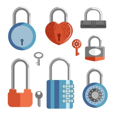Closed padlocks in different shapes, portable locks with keys or numeric codes set. Collection of metal hardware items for security. Graphic vector illustration on white background.