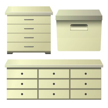 Chest, drawer dresser, knobs. Bedside night stand, shelves, metal hardware in cream, light wood. Storage box with lid. Bedroom furniture for clothing storing and organization. Vector illustration.