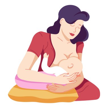 Woman breastfeeding her newborn baby, mother feeds son with breast milk, mum and child, isolated character vector. Healthy lactation and motherhood, family and care. Newborn nutrition, kid eating