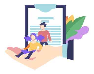 Voluntary medical insurance program, children life and health protection vector. Cost savings, kids security, document or contract and agent hand. Brother and sister, emergency treatment payment