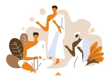 Muslim people pray to Allah hand gesture, hajj isolated icon vector. Men in white robes with rosary, Islam ritual, culture and religion, holy ritual. Beads for prayer, pilgrimage and pilgrims