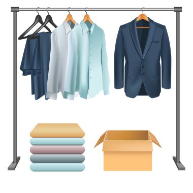 Metal garment rack, one-bar, with men clothes in classic style, suit and shirts hanging on wooden hangers. Cardboard box, stack of clothes. Closet organization, wardrobe storage. Vector illustration.