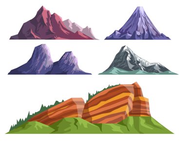 Landscape constructor set with mountains of different shapes, colors. High snowy peaks, rocky landforms, sleeping volcano or steep cliff. Collection for nature landscaping design. Vector illustration.