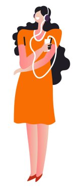 Girl listening to music wearing headphones, holding player or smartphone. Young woman or teenager with long wavy hair, brunette in orange dress enjoying favorite songs at leisure. Vector illustration.