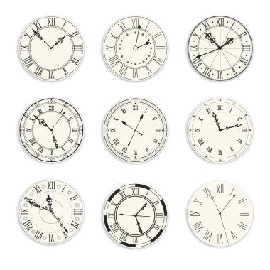 Clock dial with hands, vintage watch isolated icons, retro accessory vector. Time measurement, New Year symbol, roman digits. Swirly arrows, relic and mechanism of cogwheels, hours and minutes