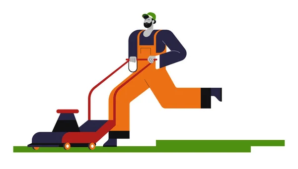 Hombre Cortando Hierba Con Cortacésped Vector Icono Aislado Trabajos Jardinería — Vector de stock