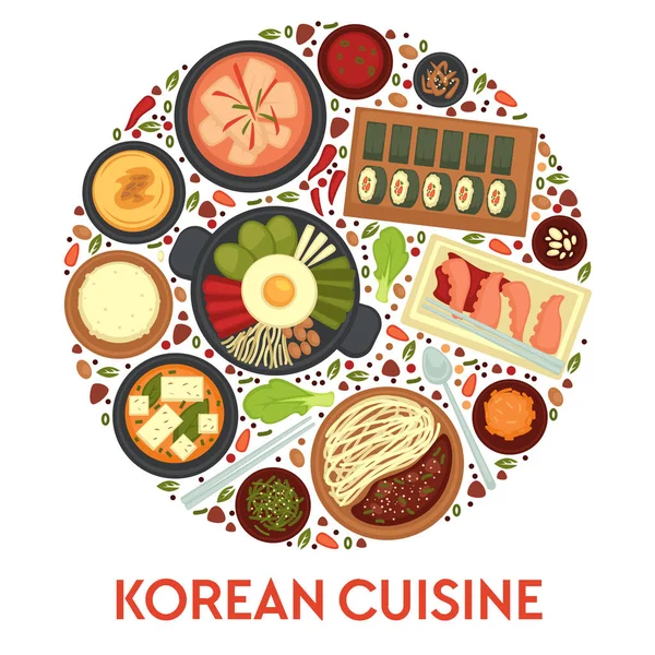 Viajar Corea Cocina Coreana Platos Tradicionales Comidas Vector Sopa Panecillos — Archivo Imágenes Vectoriales