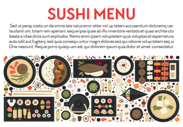 Zeevruchten Japans Eten Sushi Soepen Groene Thee Broodjes Banner Vector — Stockvector