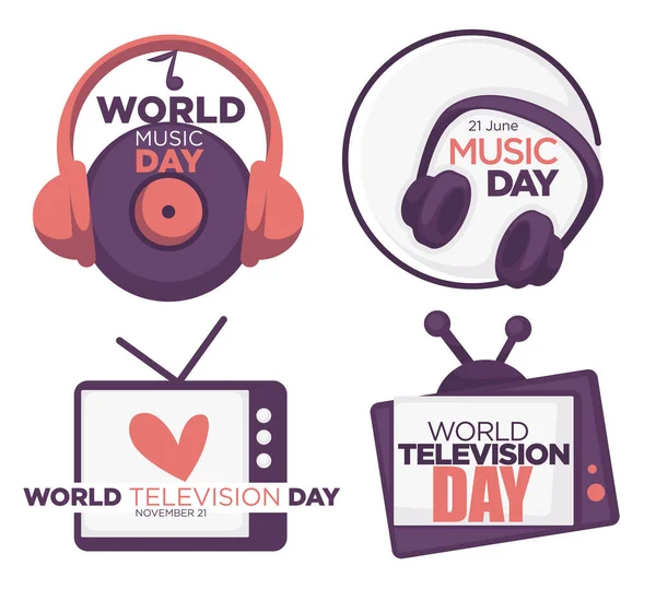 Zestaw Logotypów Świata Muzyki Telewizji Vintage Płyta Winylowa Słuchawki Nuta — Wektor stockowy