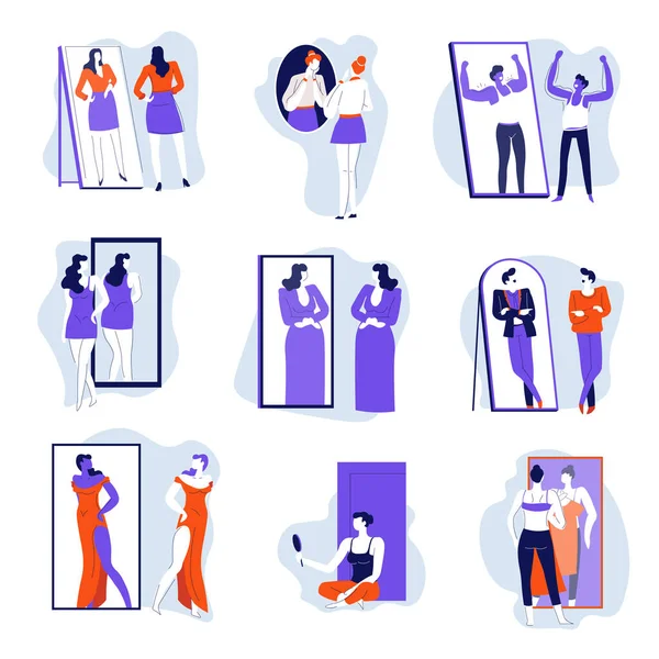 Self Rejection Acceptance Isolated Icons Men Women Watching Reflection Mirror — Stock vektor
