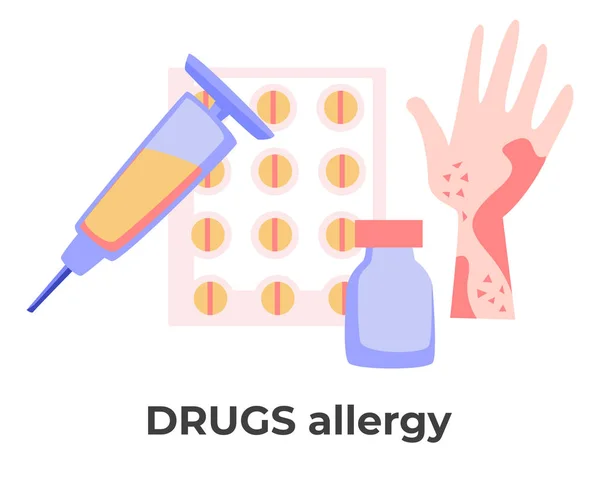 Erupção Cutânea Pele Alérgica Comprimidos Injeções Seringa Comprimidos Vetor Alergia — Vetor de Stock