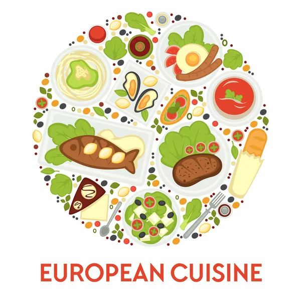 Food Europe European Cuisine Dishes Meals Desserts Vector Pasta Oysters — 스톡 벡터