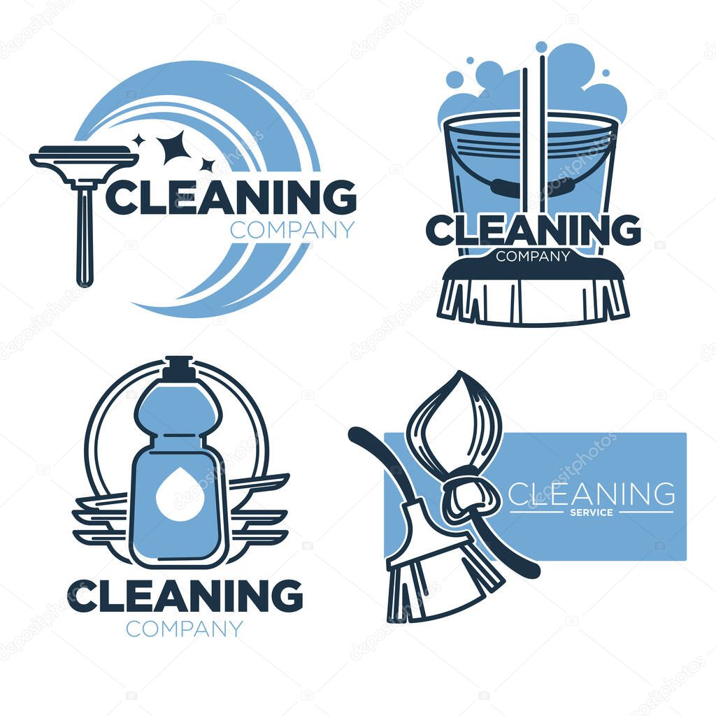 Clean service, cleaning tool, broomstick and brush isolated icon, housekeeping vector. Floor sweeping and washing, dishwashing and windows polishing. Housework company, sanitation and hygiene