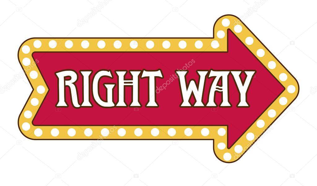 Night or circus show or circus pointer, right way pointing, isolated icons vector. Arrow with framework of lamp, concert inviting banner. Direction signboard with lights, signpost or guidance