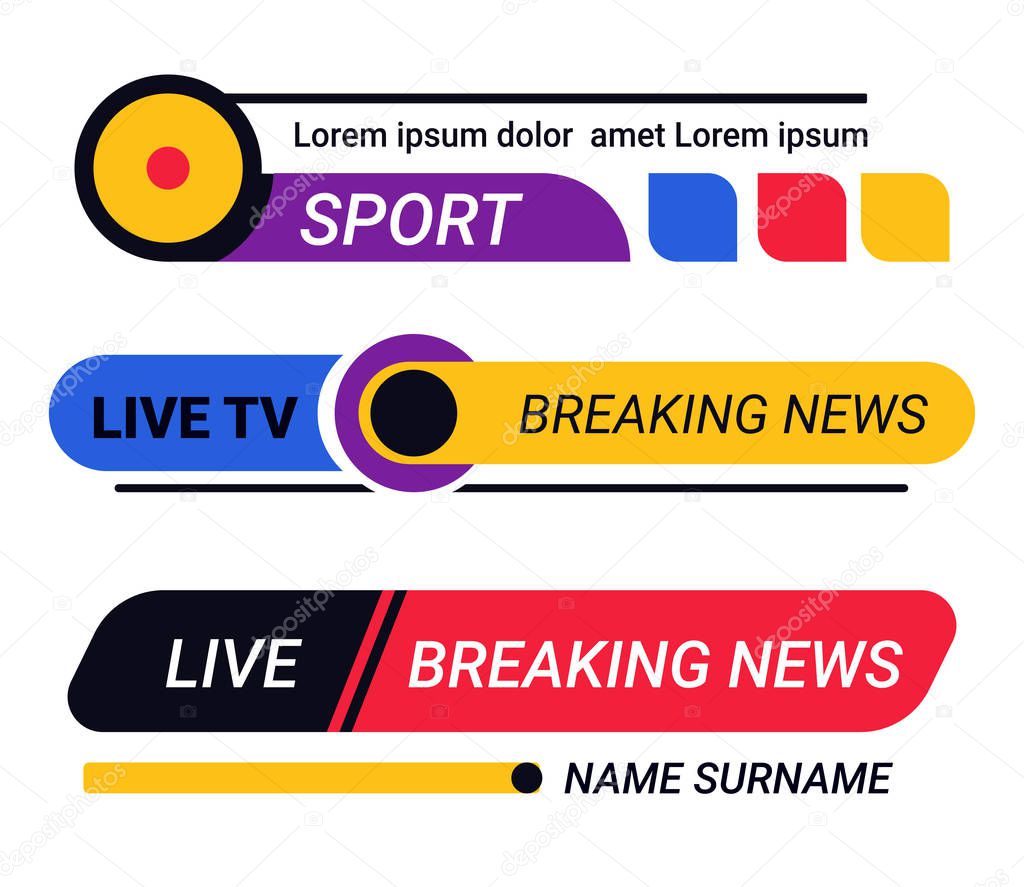 Breaking news template title, TV channel live report bars, isolated icons vector. Streaming or video, sport broadcast, television header or headline. World or globe info, dashboard, daily program