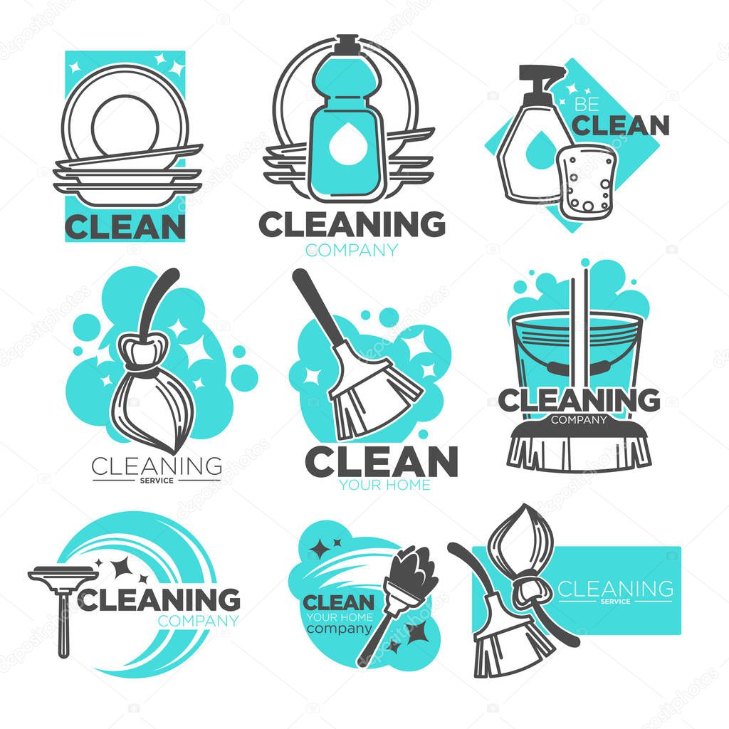 Clean service, cleaning tool, broomstick and brush isolated icon, housekeeping vector. Floor sweeping and washing, dishwashing and windows polishing. Housework company, sanitation and hygiene