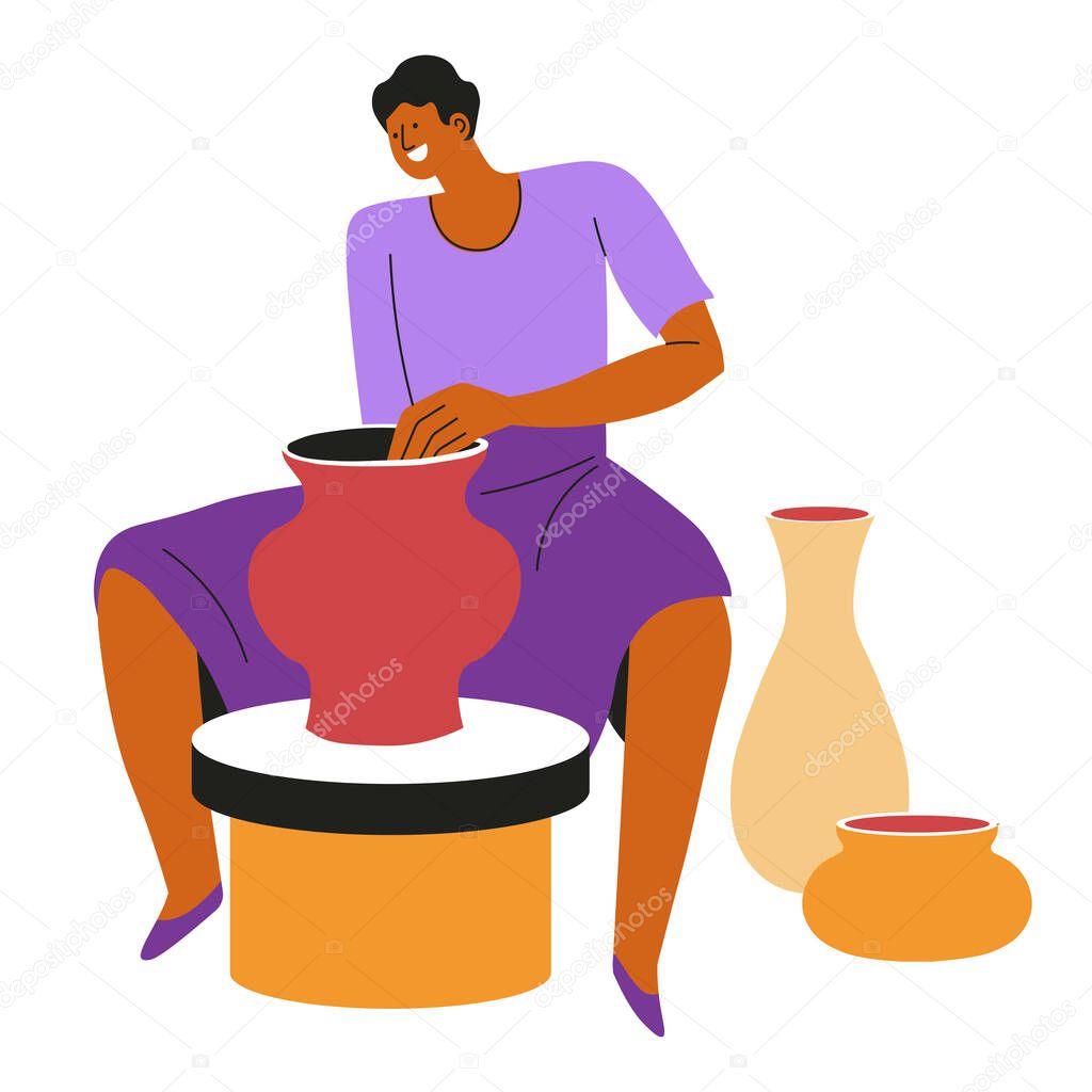 Craft master potter makes clay vase, isolated character vector. Man making pots, pottery and ceramics, creative hobby and creation process. Handiwork and handicraft or craftsmanship, handmade vessels