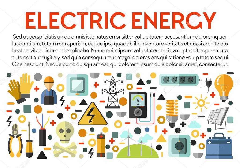 Electric energy banner with icons collection and text. Electrical works tools and protective gear, electricity panel, sockets, solar batteries, power danger warning sign. Colorful vector illustration.