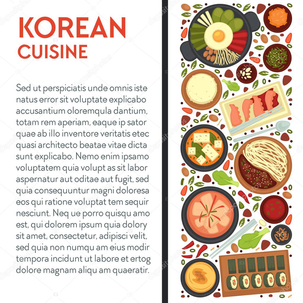 Korean cuisine banner template, text. Hot pot of bibimbap, kimchi soup, jajangmyeon noodles with black bean sauce, muneo-sukhoe blanched octopus in dipping, maeuntang spicy fish stew dishes. Vector.