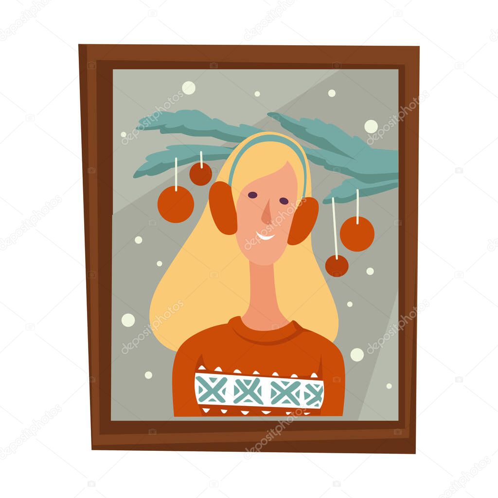 Christmas photo, young woman in earmuffs with Xmas tree branch, isolated icon vector. Girl in knitted sweater portrait in frame. Family member photography, female character shot in wooden framing