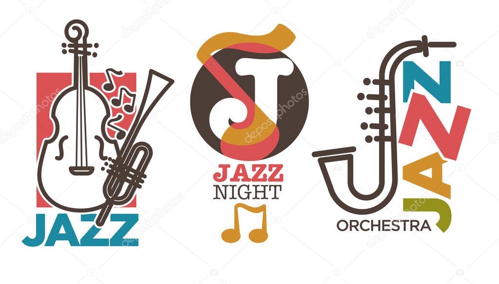 Jazz logo set, music genre. Sax, saxophone, trumpet brass, double bass guitar instruments linear icons, musical note silhouette, colorful logotype. Graphic vector illustration on white background.