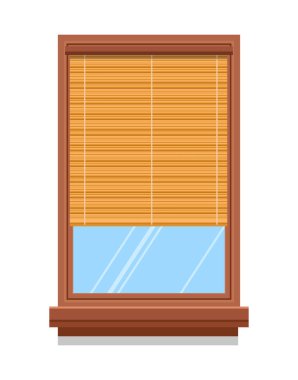 Perdeli, panjurlu ya da panjurlu pencereler, kumaş ve ahşap, iç dizayn vektörü izole edilmiş ikon. Tekstil gölgesi, iç dekorasyon, pamuk ve bambu. Cam ve plastik, perdeler ve ışık örtüsü veya gölge