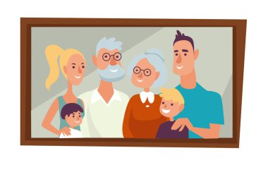 Anne, baba ve oğullar, aile portresindeki büyükanne ve büyükbabalar izole edilmiş karakter vektörü. Karı ve koca, çocuklar, ebeveynler ve çocuklar, büyükanne ve büyükbaba. Fotoğraf ya da grup fotoğrafı çekmek