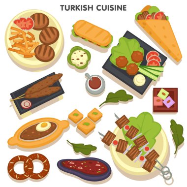 Türk mutfağı, akşam yemeği ve öğle yemeği koleksiyonu. Sebze, et, kebap, yumurta, şiş ve donörden yapılmış menüler, fırında hamur işi ve baklava tatlısından yapılmış yemekler. Düz biçimli vektör