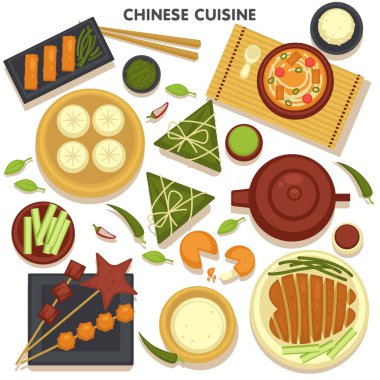 Çin mutfağı menüsü, yemek takımı ve Asya ülkesinden geleneksel tarifler. Doğu kahvaltısı ya da öğle yemeği, Çin yemeği. Çorba ve et tabakta sebze ve çubuk vektörüyle servis edilir.