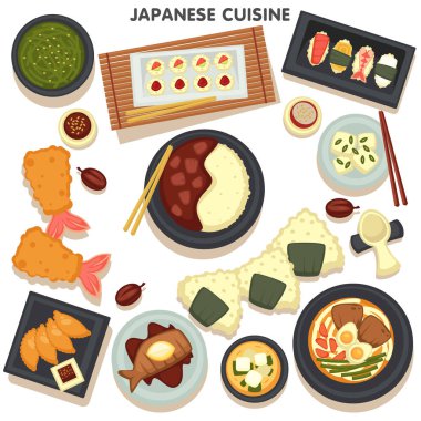 Balık somonlu Japon mutfağı maki rulosu ya da ton balığı ve karides, susamlı geleneksel deniz yosunu salatası. Avokado ile lezzetli çiğ yiyecekler ve tabakta sashimi ve yemek çubuğu vektörlü suşi.