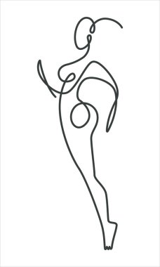 Continuous line drawing of woman figure silhouette, isolated icon vector. Linear human body curves, swirls and curls ink drawing, Female profile in one line, girl breast and hips, leg and head