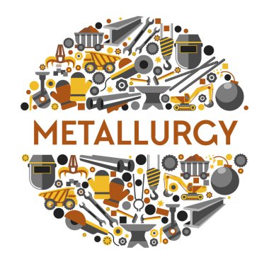 Metalürji endüstrisinin simge koleksiyonu daire içine alındı. Maden ocağı ağır çıkarma makineleri, dökme demir kovası erimiş metal, çelik iş aletleri, güvenlik maskesi ve eldivenler. Vektör grafik illüstrasyonu.
