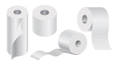 Banyo malzemesi, tuvalet kağıdı ve tek kullanımlık havlular izole ikon vektörünü sarar. Hijyen veya temizlik aleti izometrik model, doku veya bant, temizlik. Tuvalet, tuvalet, tuvalet ve sağlık ekipmanları.