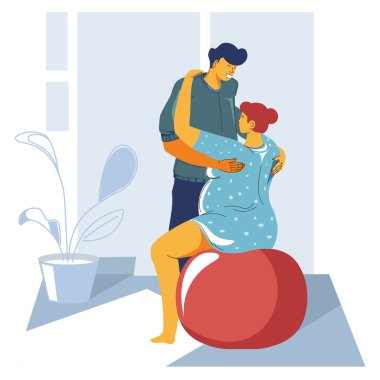 Hamilelik, annelik ve ebeveynlik, anne ve baba vektöre yardım ediyor. Hamile kadın fitness, doğum ya da doğum pozisyonları ve duruşları. Çiftin egzersiz yapmasını, kadının ve erkeğin yoga yapmasını bekliyorlar.