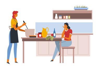 Kadın karakter mutfakta yemek pişiriyor ve arkadaşıyla konuşuyor. Evdeki insanlar organik malzemelerden yemek hazırlıyorlar. Kız kardeş için yemek tarifi veren kadın, kız hobisi, düz stil vektör.
