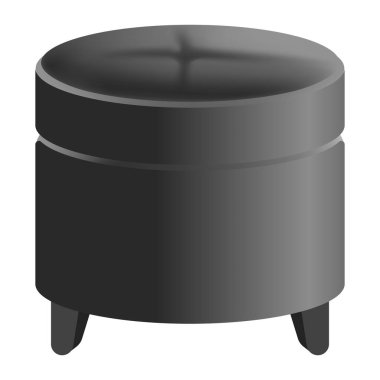 Pouf, ayak dinlenme ya da ayak sehpası, tahta bacaklı ve depolama tahtası. Dışkı, gri döşemeli mobilya, kumaş veya deri, yan görünüş. Gerçekçi biçim, beyaz arkaplanda izole edilmiş grafik vektör çizimi.