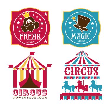 Sirk logosu hazır. Ucube ya da sihir gösterisi afişleri. Bayraklı çizgili çadır, atlı karınca, sihirli şapka, değnek, sakallı bayan, klasik tarzda harfler. Cazibeler, karnaval ve lunapark vektör illüstrasyonu.