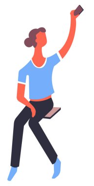 Sosyal medyada yeni bir yazı için fotoğraf çeken blogcu, selfie için telefon kullanan izole edilmiş kadın karakter. Spor salonunda elinde akıllı telefon tutan bir kız kıyafet ya da kıyafet gösteriyor. Göz kamaştırıcı genç bayan, düz vektör.