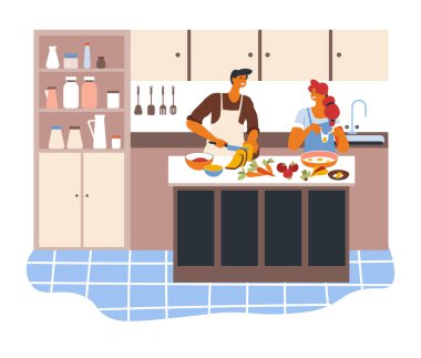 İnsanlar evde yemek hazırlıyor, kadınlar yumurta pişiriyor ve erkekler salata için sebze kesiyor. Evli çiftlerin hobisi, hafta sonu sevgili, aile için bulaşık yapmak, düz stil vektör.
