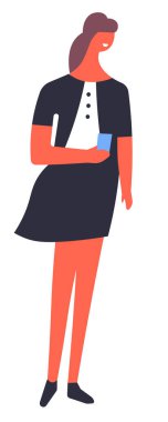 Kadın karakter cep telefonuyla mesajlaşıyor ve sohbet ediyor. Akıllı telefon kullanan izole kadın kişiliği, blog güncelleyen blogcu, yeni makaleler yayınlayan. Hücre aygıtı olan genç, düz stil vektörü
