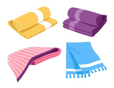 Mutfak, sahil ve banyo havluları izole edilmiş ikon taşıyıcıları. Spa hijyeni, tekstil objeleri, renkli pamuk, terry ya da pofuduk kumaş için rulo. Ev eşyaları, dekor ve konfor, duş ekipmanları