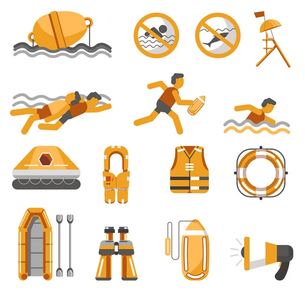 ライフガード装置と水の安全装置セット 水泳や釣りは警告標識 ビーチ プールの時計塔を許可しませんでした ゴム製のインフレータブル救助ボート オアー付きカヤック ライフジャケット ブイセーバーリング ベクトル — ストックベクタ