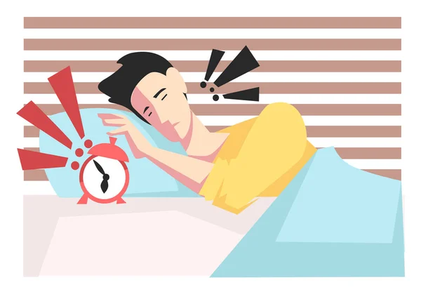 Morning Stress Alarm Clock Man Waking Bedroom Vector Deadline Late — Stock Vector