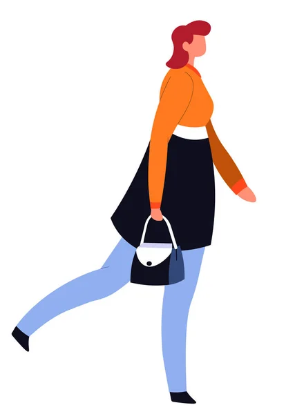 オーバーコート保持ハンドバッグアクセサリー立っている女性 白に隔離された財布のシンボルで行くカラフルなコートを身に着けている女性キャラクターのプロフィールビュー カジュアルな服装でファッションの人ベクトル — ストックベクタ