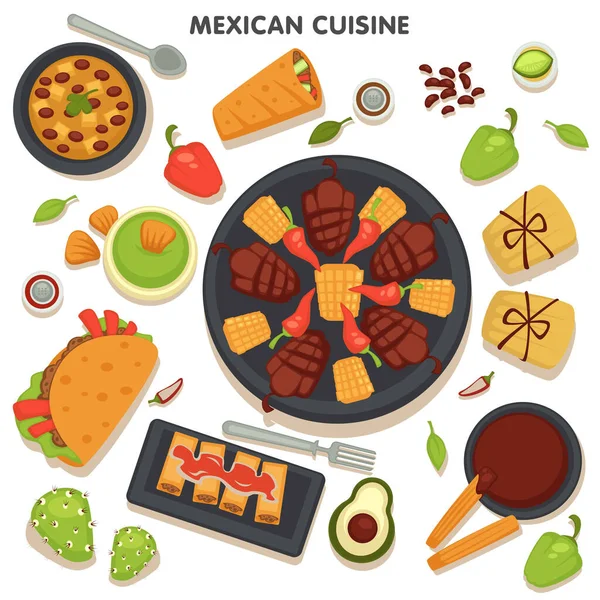 Collection Traditional Mexican Cuisine Recipes Meals Desserts Appetizers Taco Spicy — Stock Vector