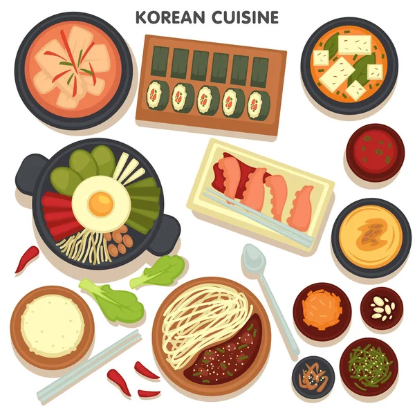 Collection Korean Cuisine Dishes Plates Menu Asian Restaurant Noodles Vegetables — Stock Vector