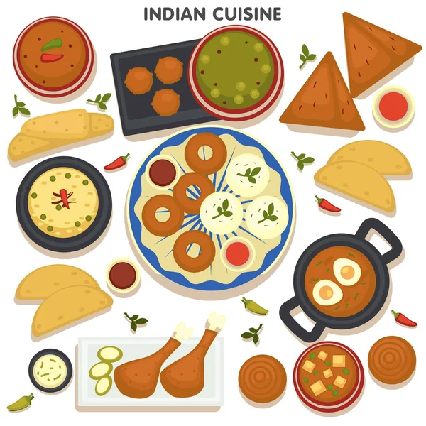 印度菜菜单 印度菜的集合 用传统食谱烹调的香喷喷的食物 包括生肉 香草和煎蛋 汤和牛肉干 辣小吃在平底锅里 — 图库矢量图片