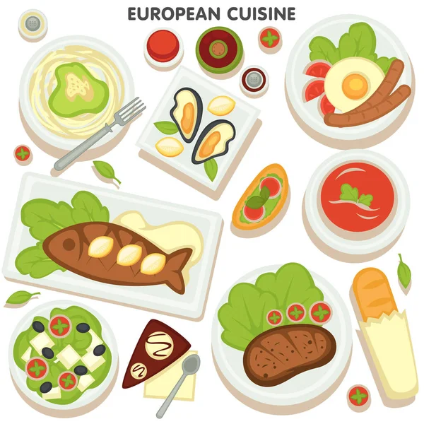 Colección Platos Tradicionales Los Países Europeos Recetas Europa Huevos Pescado — Vector de stock