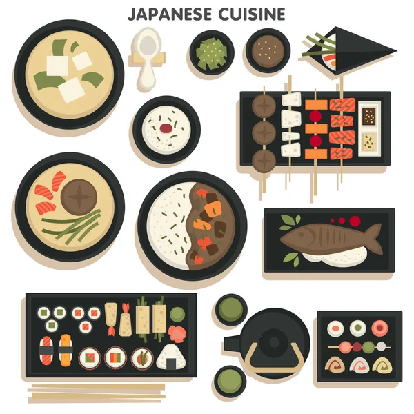 Japanse Keuken Set Van Geserveerd Maaltijden Aziatische Menu Bereid Met — Stockvector