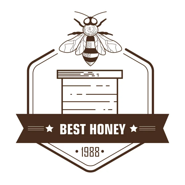 蜂蜜天然製品絶縁アイコン リンゴと養蜂ラベルベクトル ミツバチやバレル 自然生産のロゴやエンブレムを飛んで ファームフード 有機栄養 昆虫や動物の繁殖 — ストックベクタ